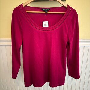 Lauren Ralph Lauren Fuchsia Long Sleeve Scoop Neck Top L Cotton Blend Womens